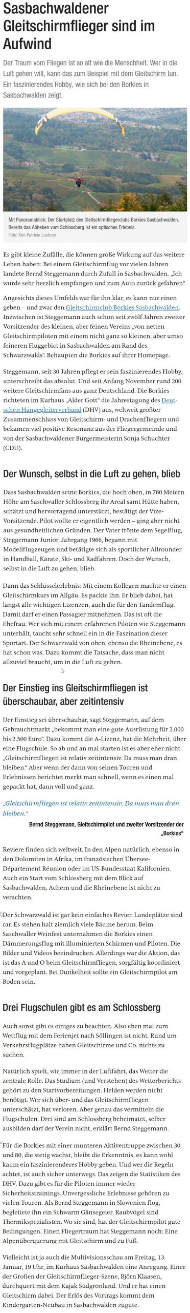Zeitungsartikel in BNN vom 1.1.2023 "Sasbachwaldener Gleitschirmflieger sind im Aufwind"