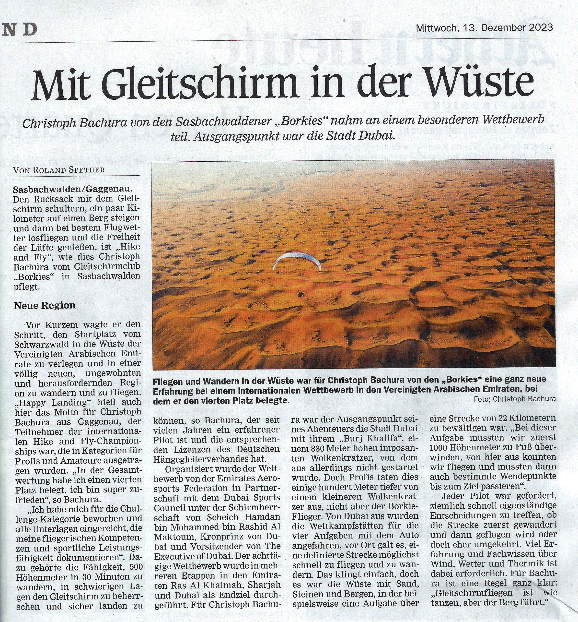 Zeitungsbericht in ARZ vom 13.12.2023 "Mit Gleitschirm in der Wüste"